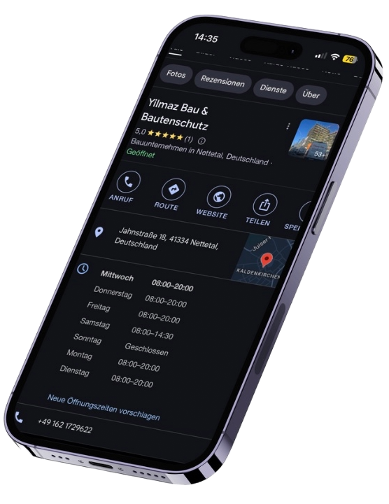 Screenshot eines Smartphones zeigt eine Bewertung mit Adresse und Öffnungszeiten.